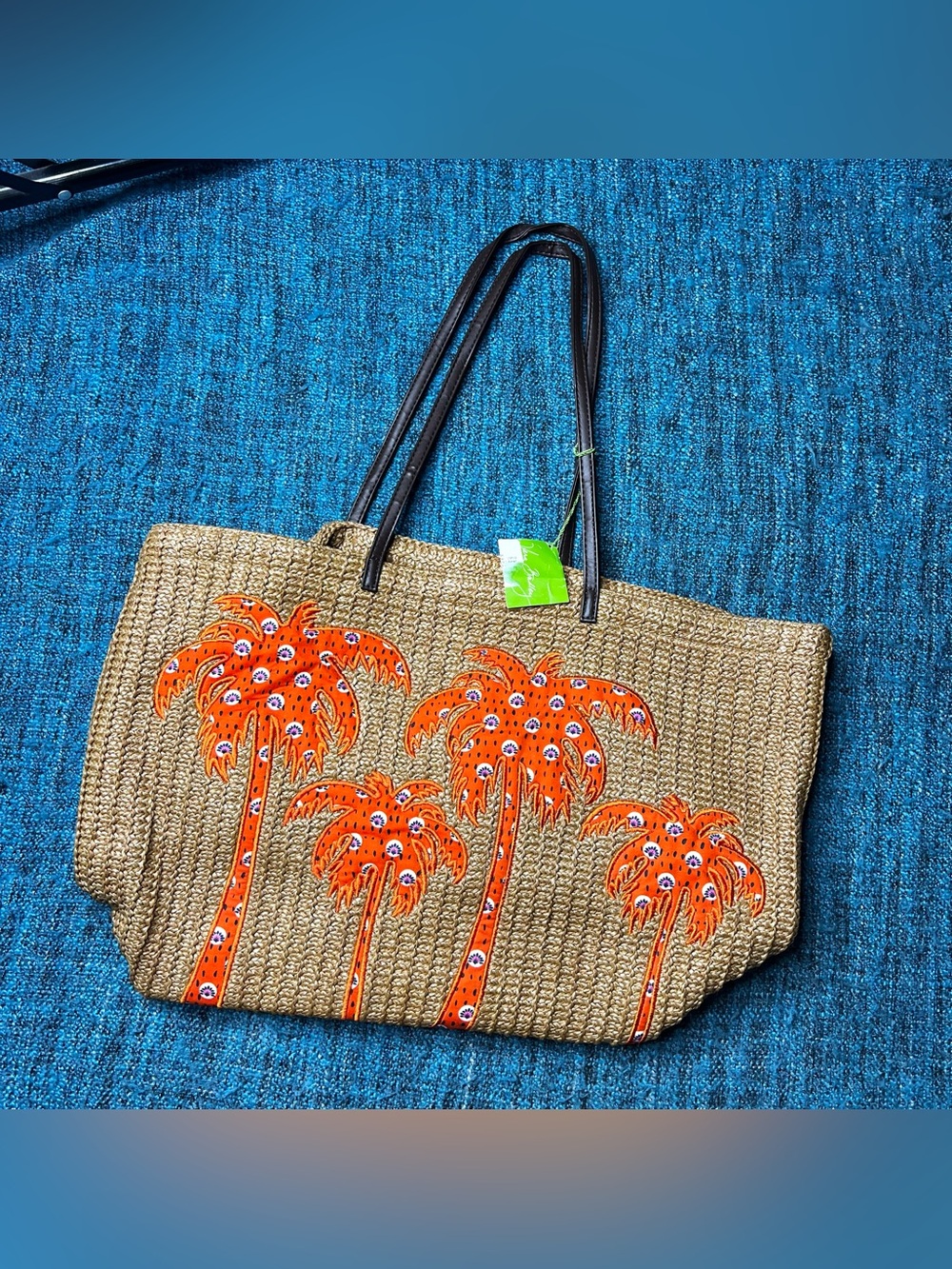 Vera Bradley Rio Rosey Large Straw Tote Bag Palm Trees Brown Orange NWT